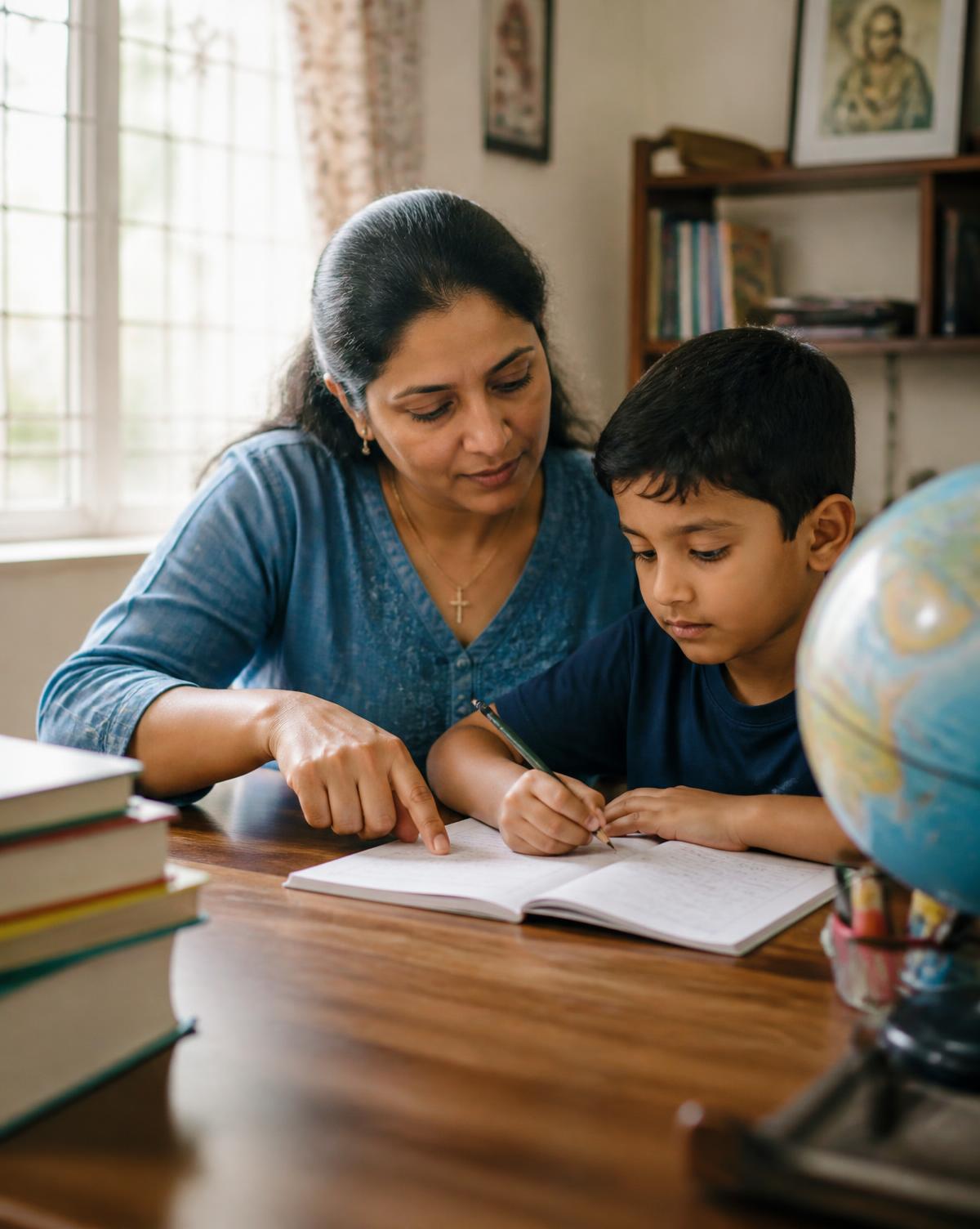 A parent supporting a young boy with his schoolwork at a desk with a globe